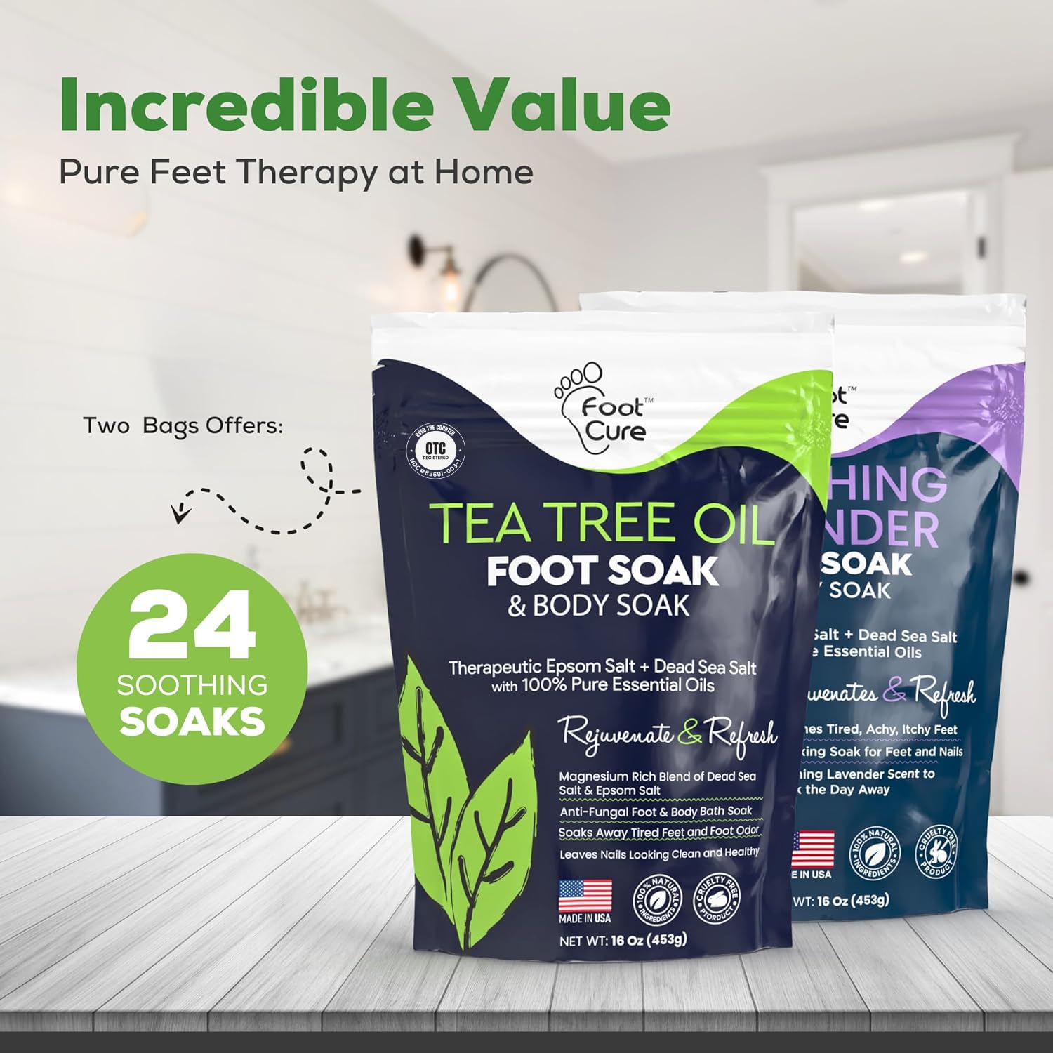 FOOT CURE lavender oil foot soak ingredients shown for gentle skin-softening routine