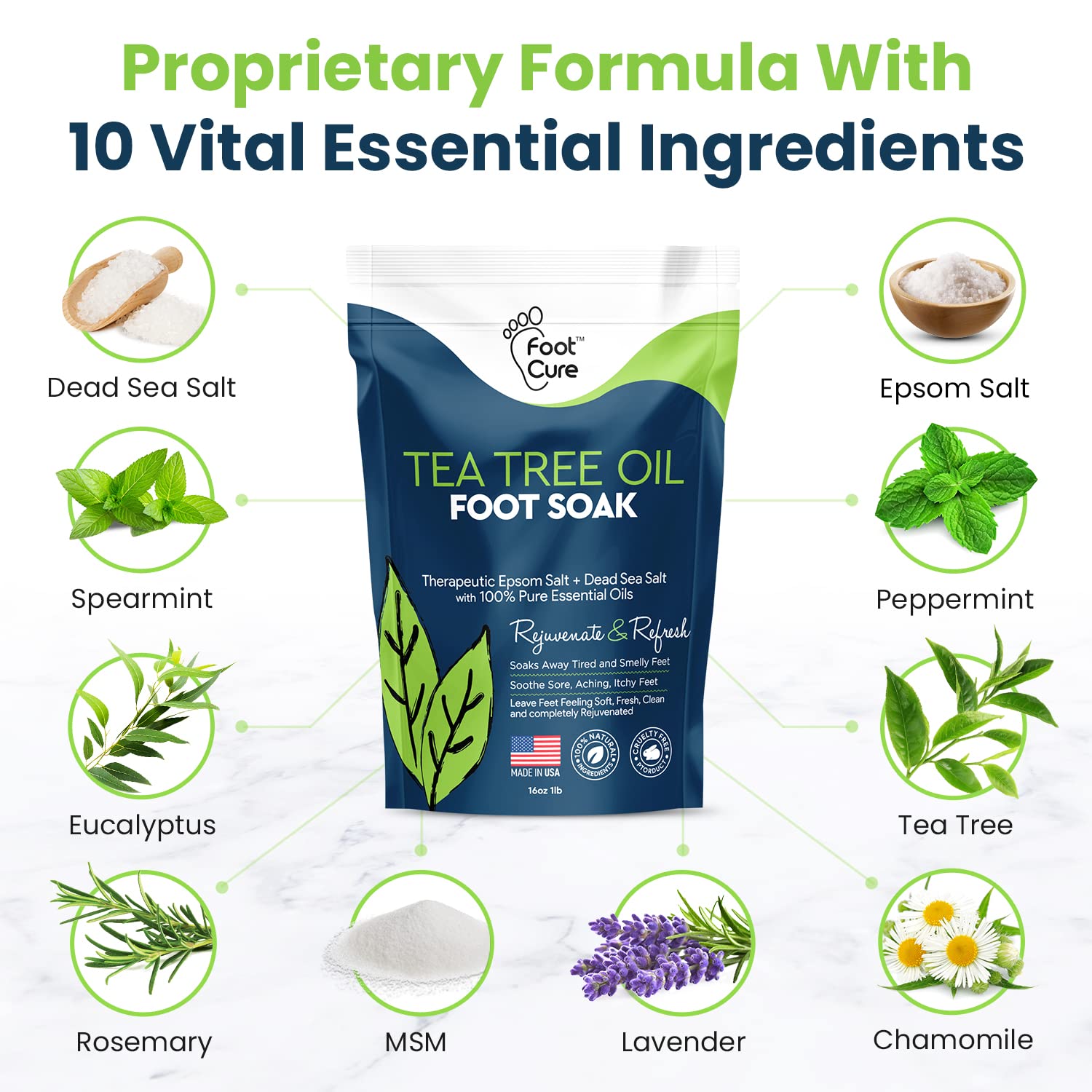 Foot Cure packaging and brand label highlights American-made foot care quality.