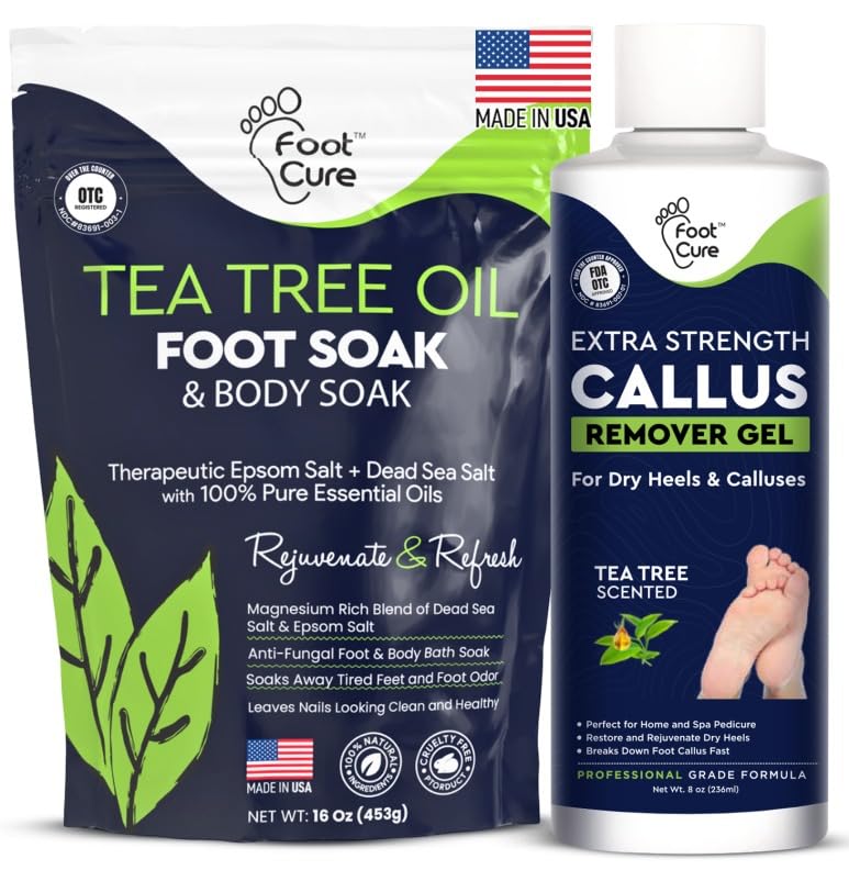 Foot Cure Tea Tree Foot Soak bottle promotes relaxing foot soak for tired feet.