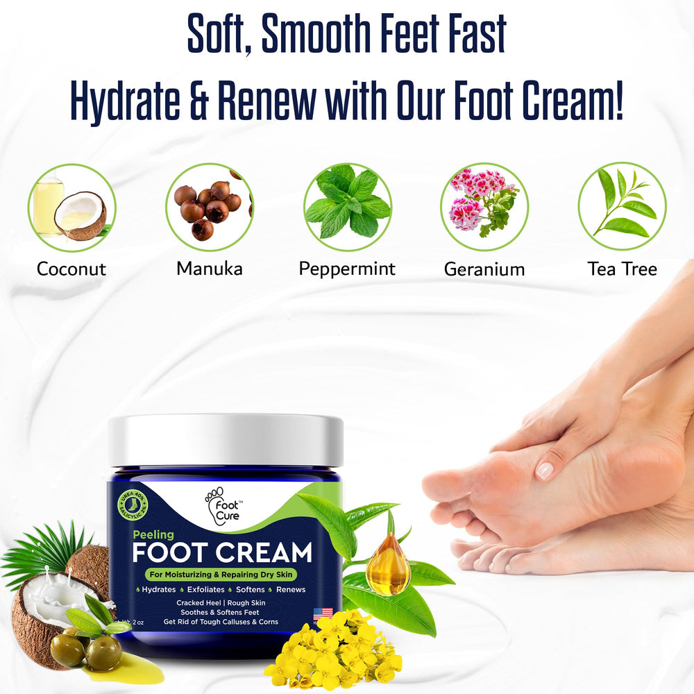Foot Cure Tea Tree Oil Foot Cream in-use shot conveying spa-like foot care at home.