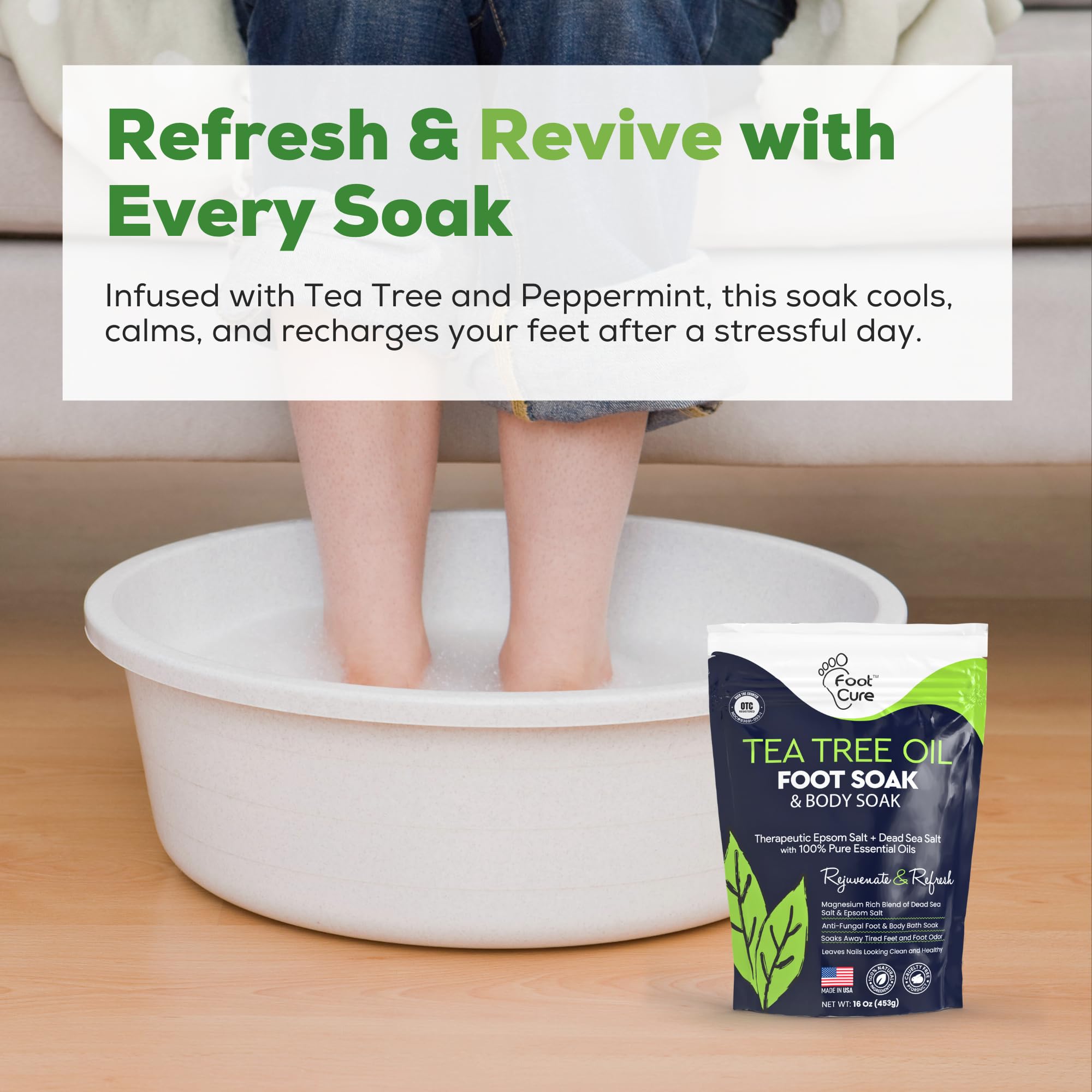 Foot Cure Tea Tree Oil Foot Soak spa-pamper scene during a home pedicure