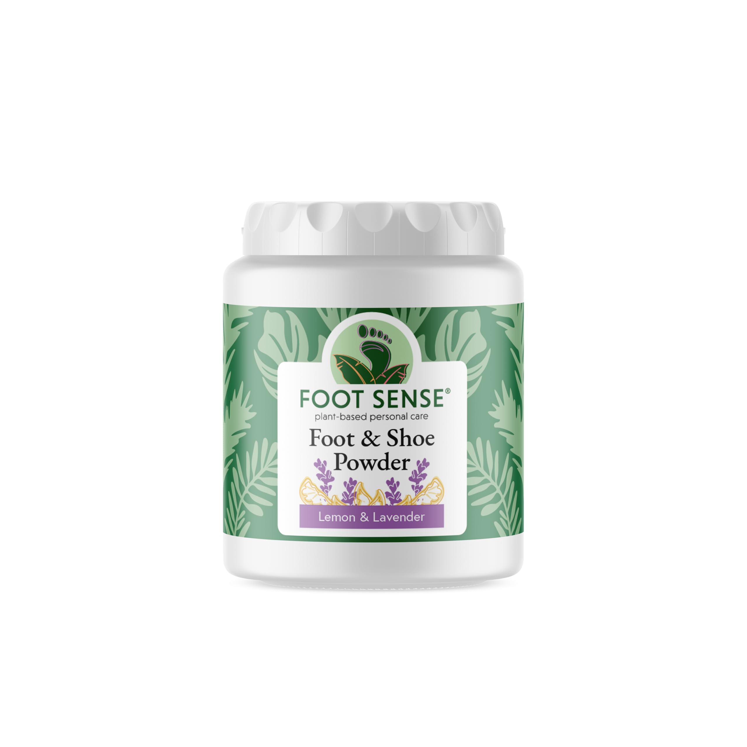 Foot Sense open jar revealing fine talc-free texture, highlights moisture absorption