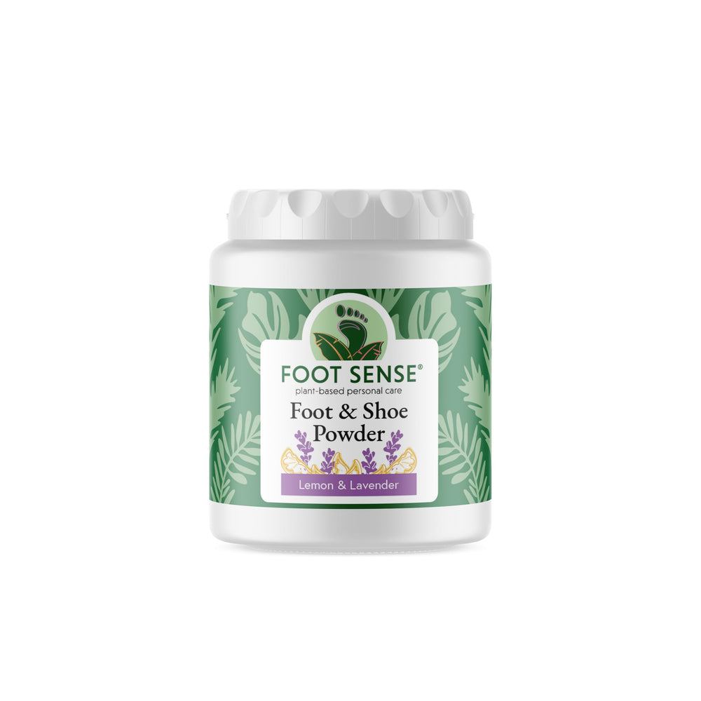 Foot Sense open jar revealing fine talc-free texture, highlights moisture absorption