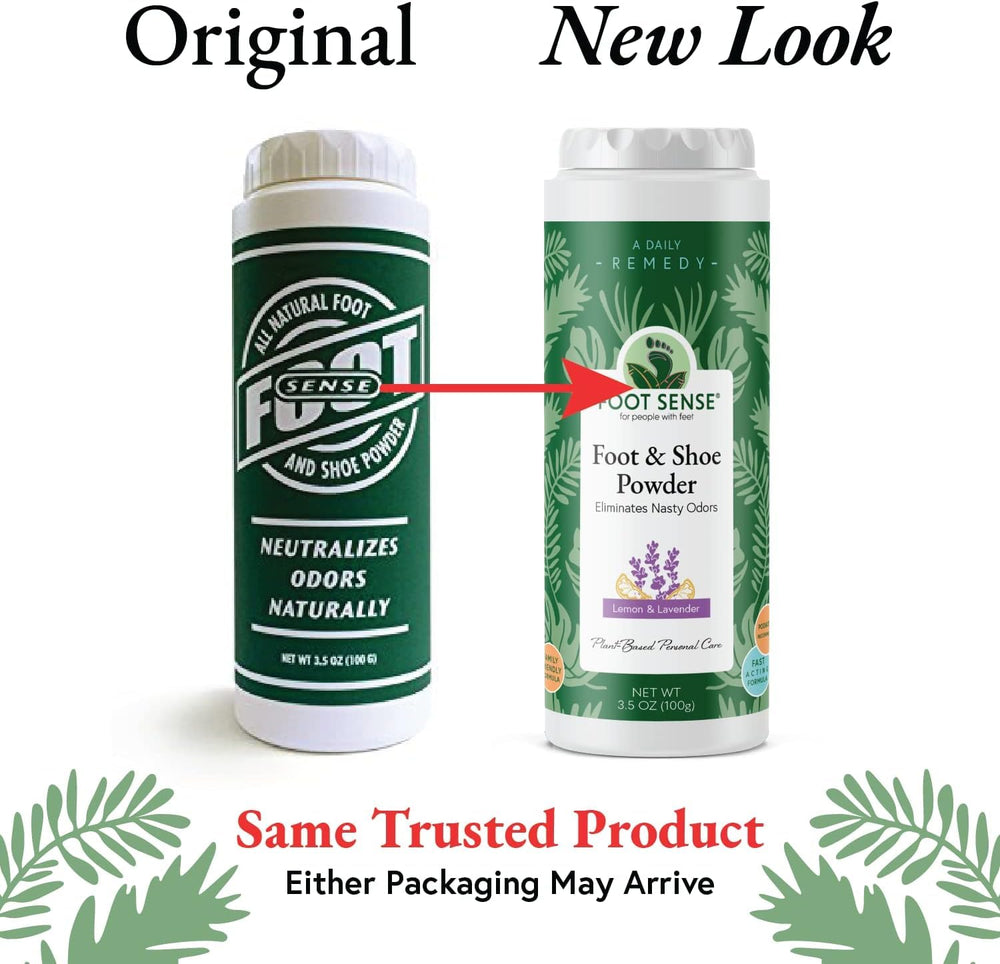 Foot Sense powder applied to shoe insole, reduces odor and keeps shoes dry