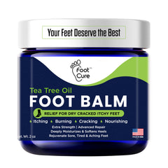 FOOT CURE Tea Tree Oil Balm jar showcasing its moisturizing properties.