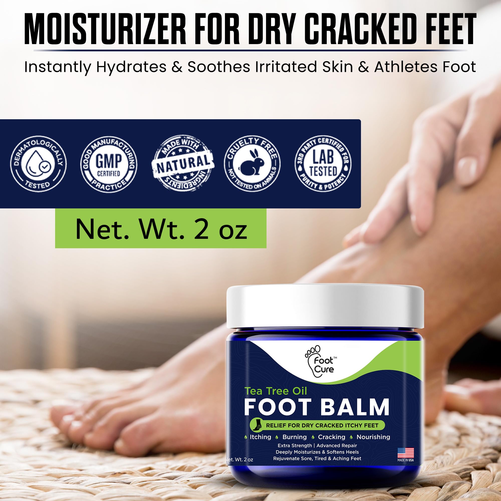 FOOT CURE Tea Tree Oil Balm used in relaxing foot routines.