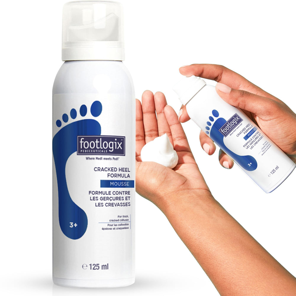 FOOTLOGIX Cracked Heel Formula bottle front highlights hydration for dry, cracked heels.