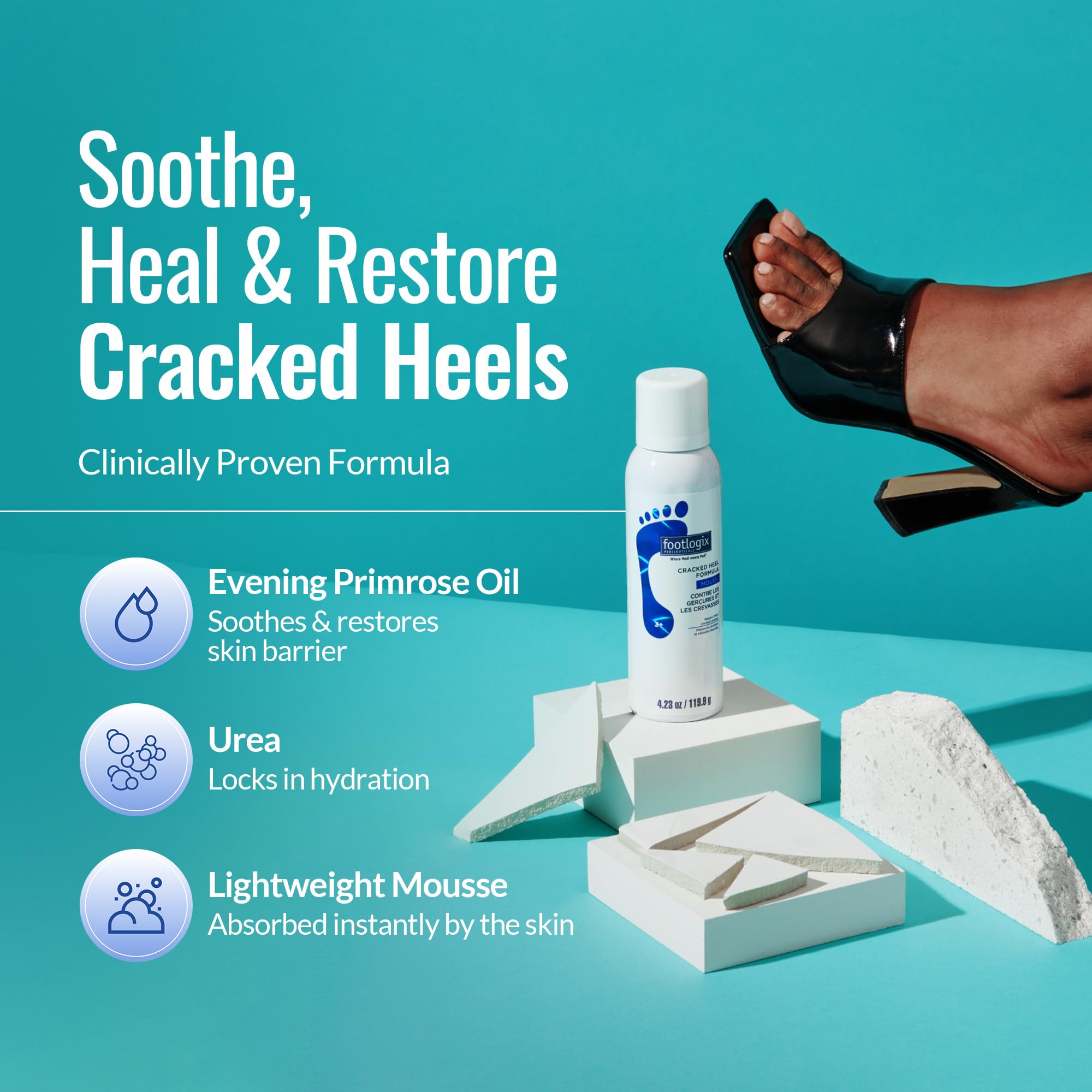 FOOTLOGIX Cracked Heel Formula packaging display highlights size and travel-friendly bottle.