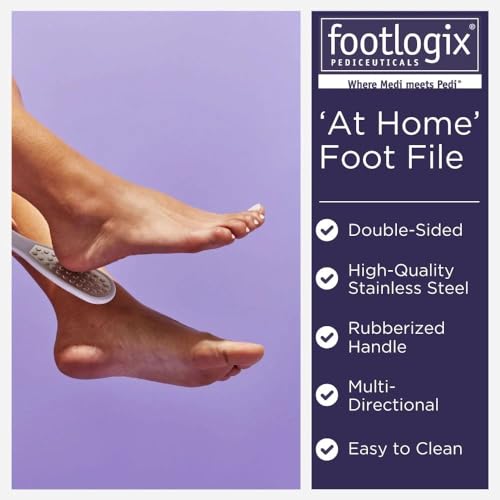 Footlogix foot file with rubberized handle enables comfortable, hygienic callus care.