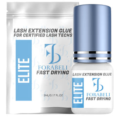 Forabeli Elite lash glue shows 1-second dry time for faster, precise applications.
