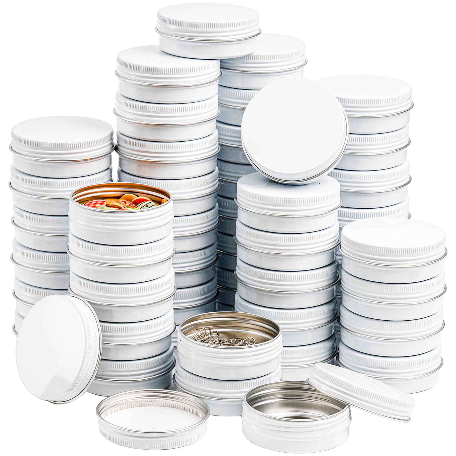 Foraineam 48-pack 2oz white tin lids for tight-seal storage and portability.