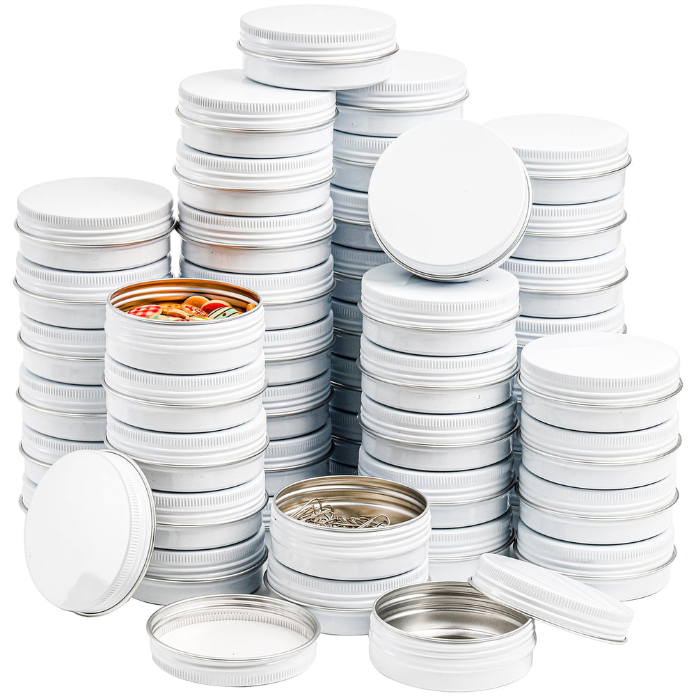 Foraineam 48-pack 2oz white tin lids for tight-seal storage and portability.