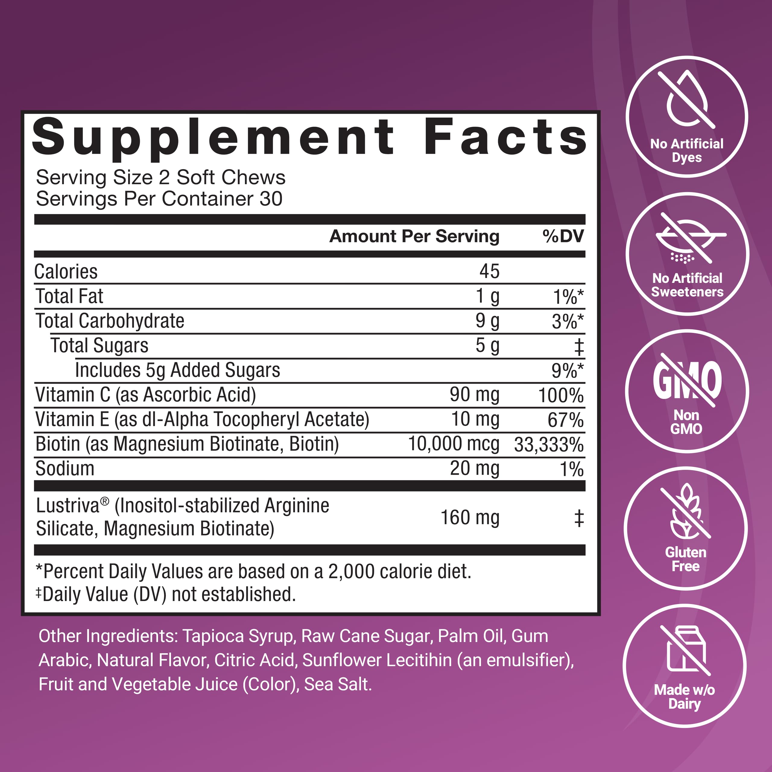 Force Factor Lustriva label zoom showing patented biotin-silicon blend