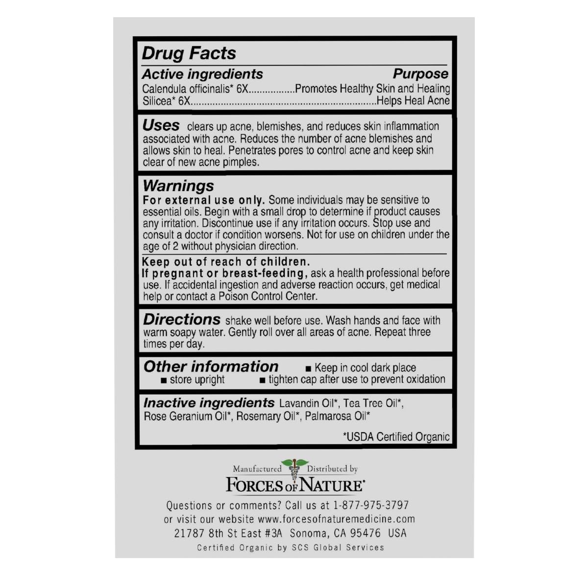 Forces of Nature organic ingredients label highlights purity and plant-based care.