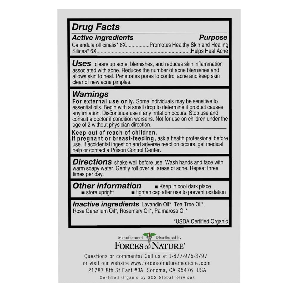 Forces of Nature organic ingredients label highlights purity and plant-based care.