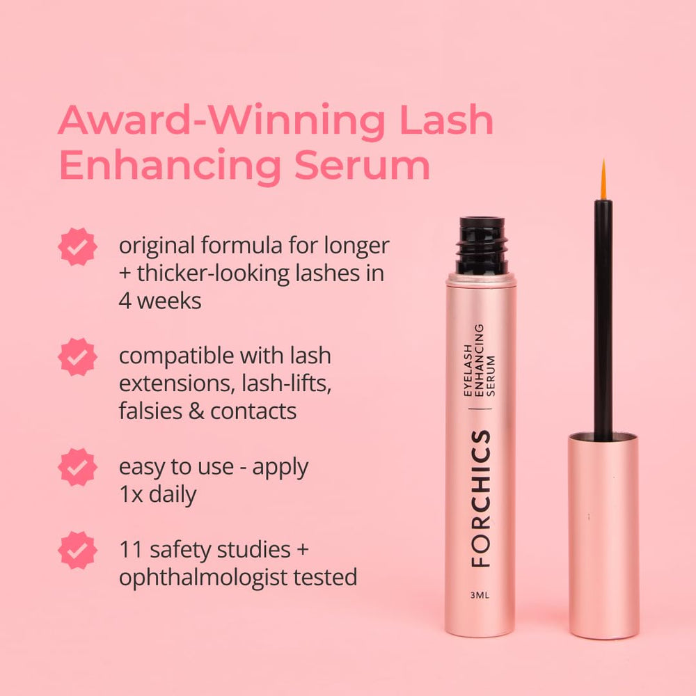 ForChics eyelash serum before-and-after visuals illustrate natural length and fuller appearance
