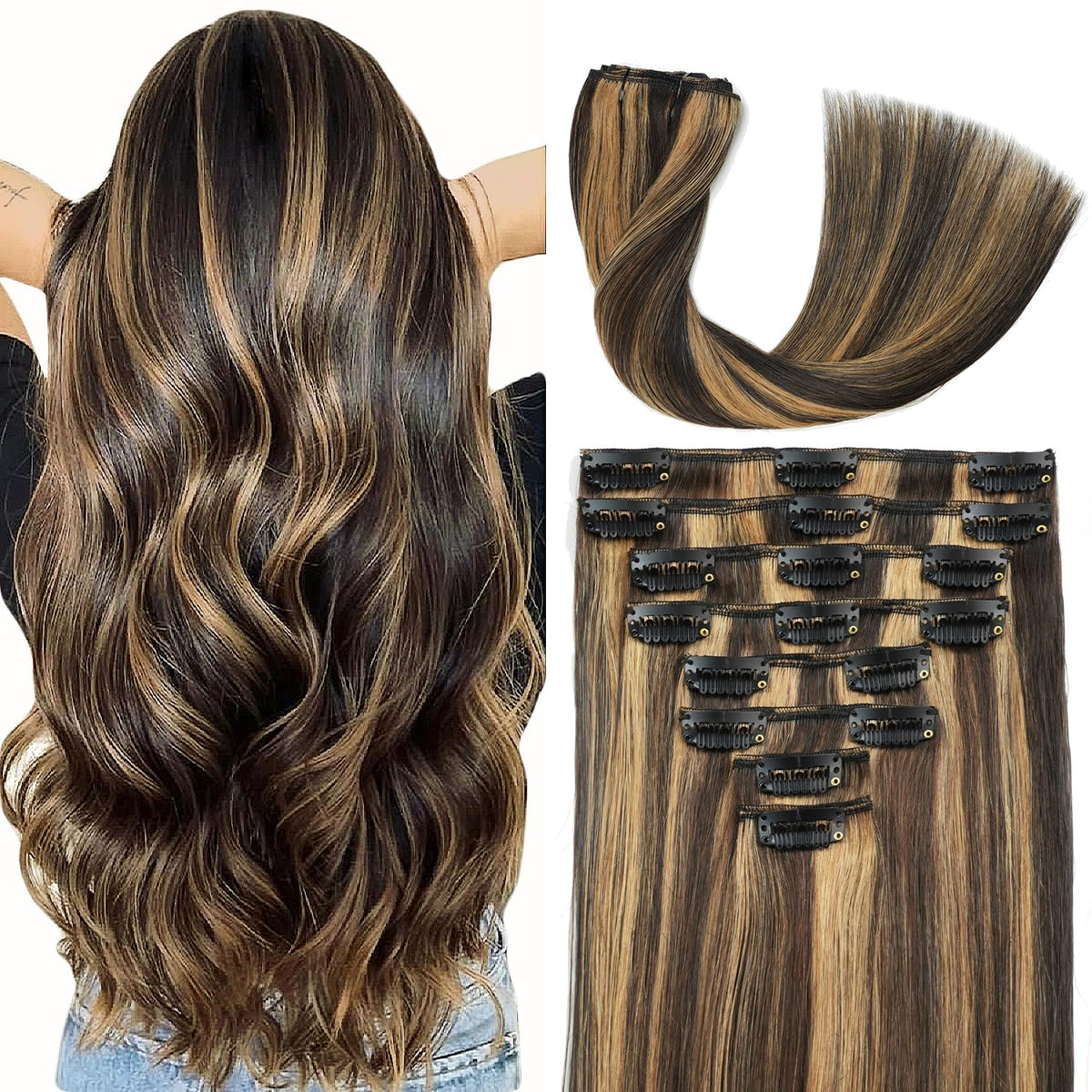 Forede clip-in extensions 20-inch balayage dark brown add natural length