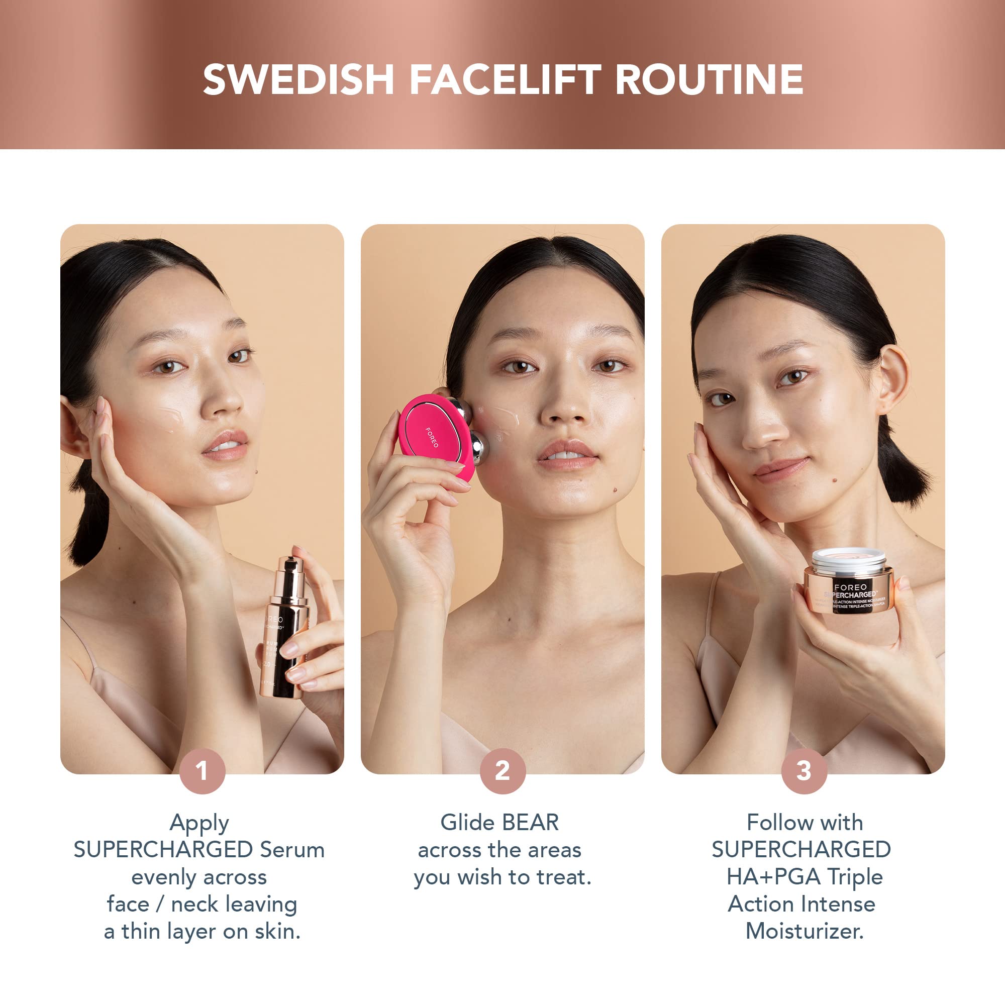 FOREO BEAR in use during cheek contour massage for a lifted look.