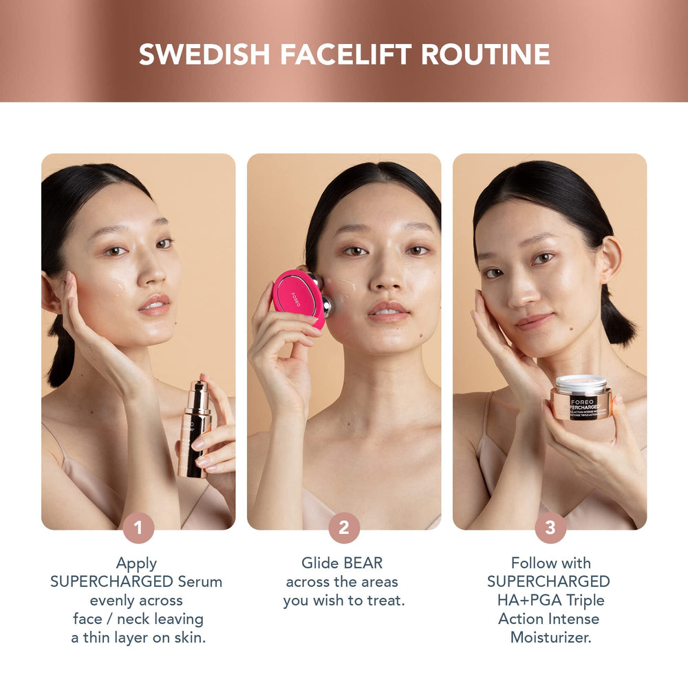 FOREO BEAR in use during cheek contour massage for a lifted look.