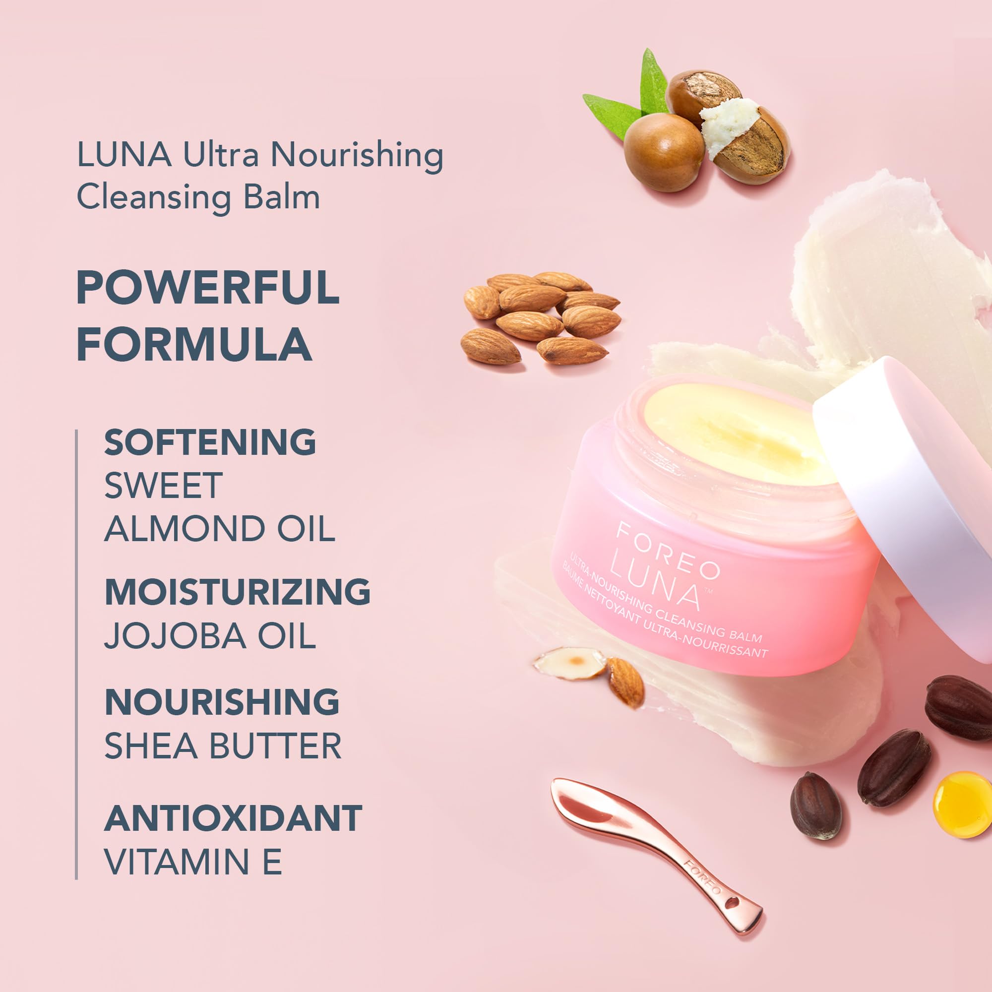 FOREO ULTRA-NOURISHING CLEANSING BALM jar highlights makeup-removing balm-to-oil texture