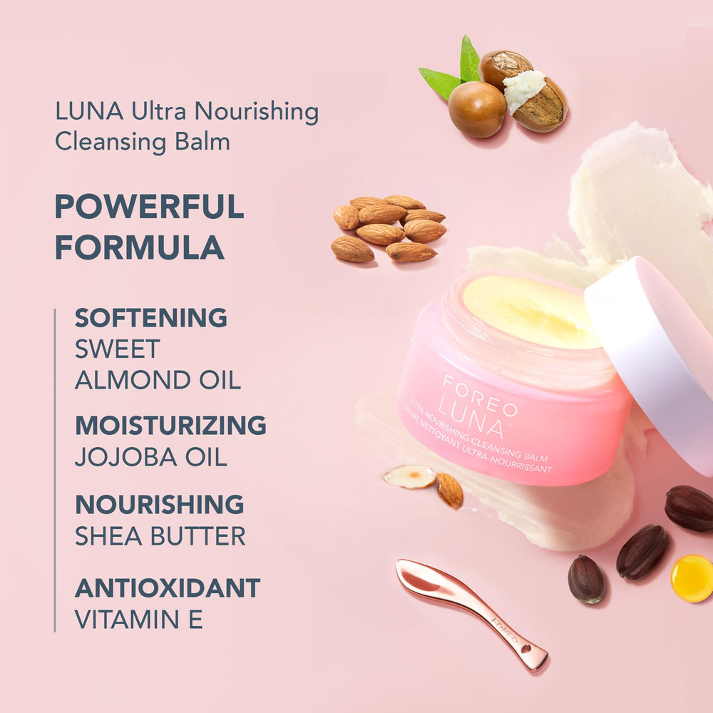 FOREO ULTRA-NOURISHING CLEANSING BALM jar highlights makeup-removing balm-to-oil texture
