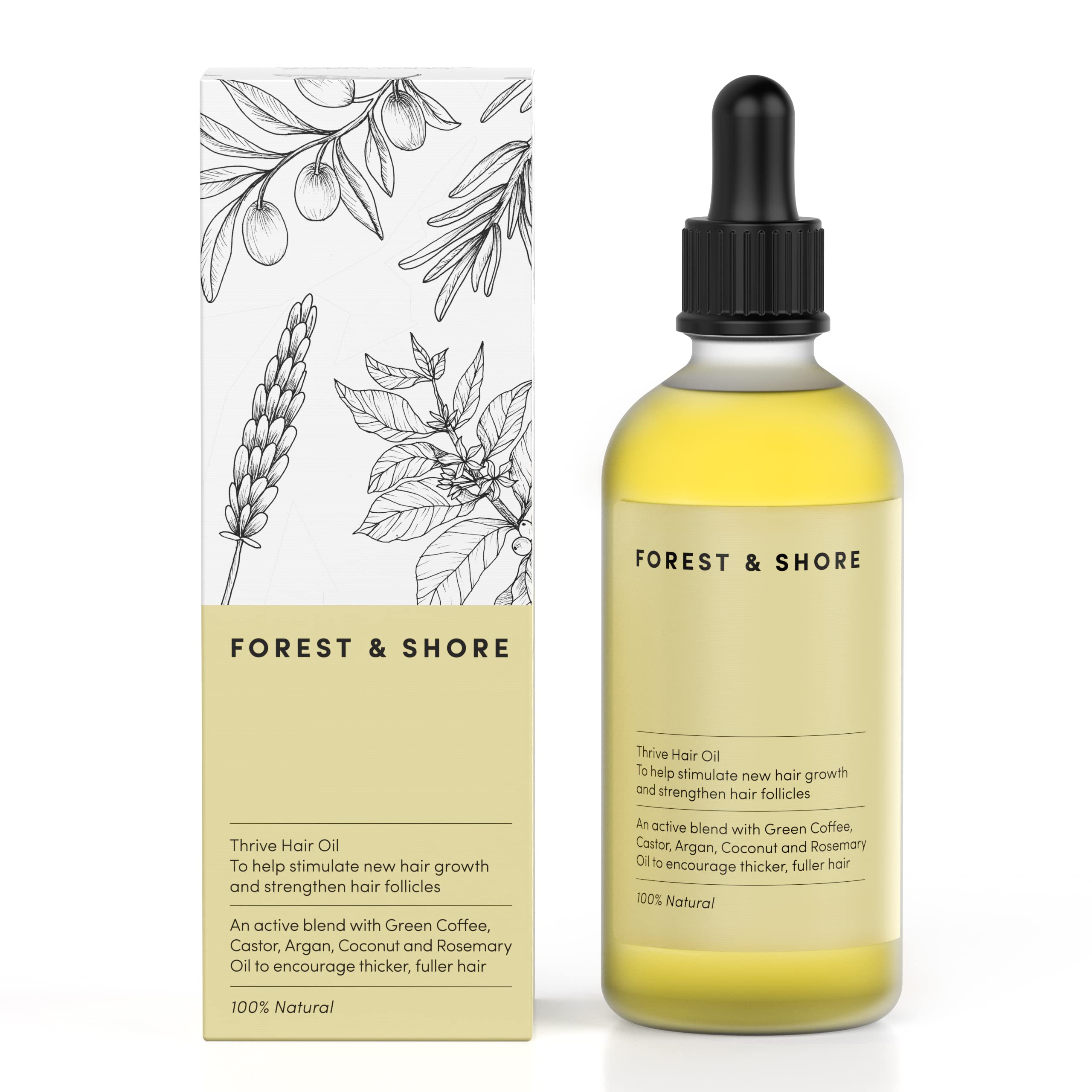 Forest & Shore hair-growth oil bottle on wood for nourishing hair