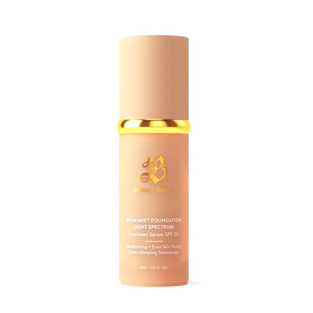 Forever Bloom Bio Mimic Foundation bottle close-up showing hydrating protection