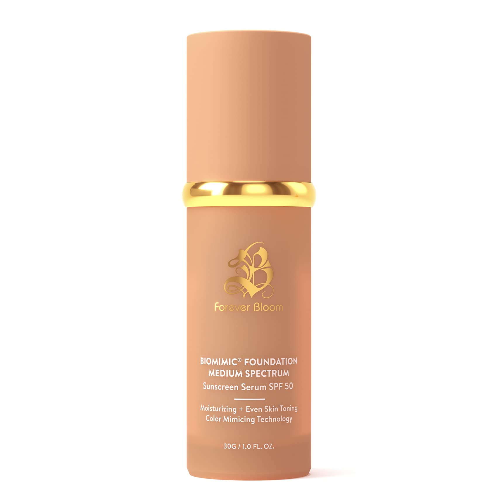 Forever Bloom Bio Mimic Foundation tube demonstrates shade-matching coverage for a natural look.