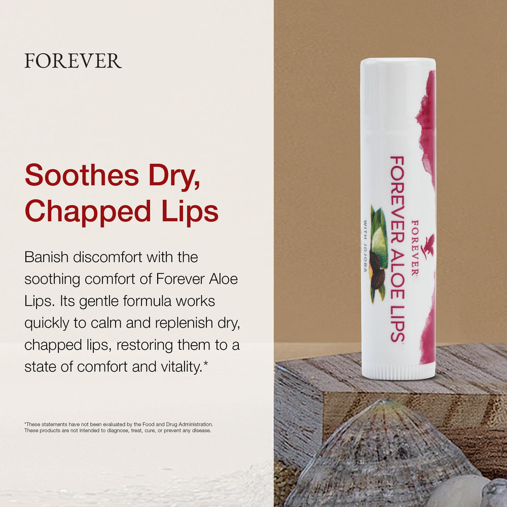 Forever Living Aloe Lips ingredients highlight aloe and beeswax for soothing moisture.