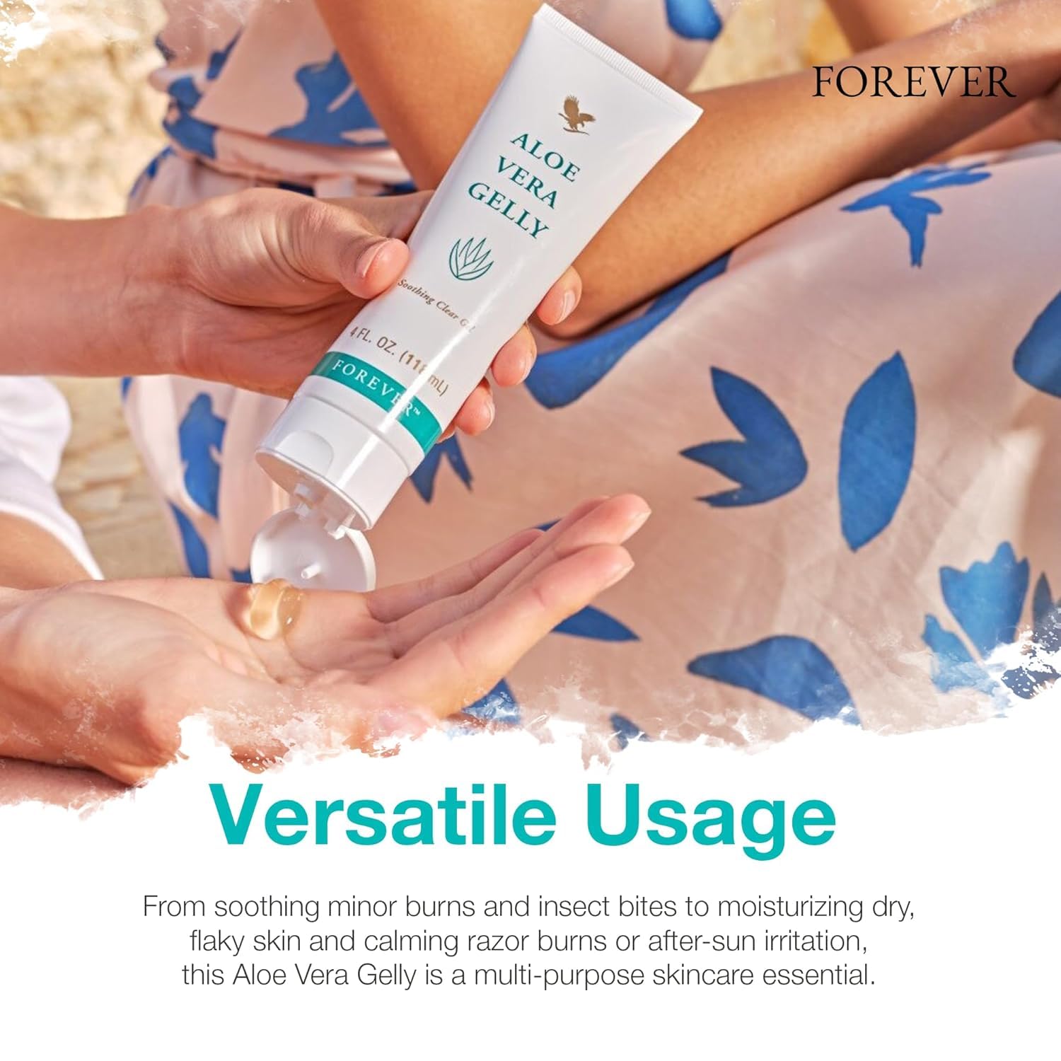 Forever Living Aloe Vera Gelly on burn relief scene suggests gentle comfort after minor irritation.