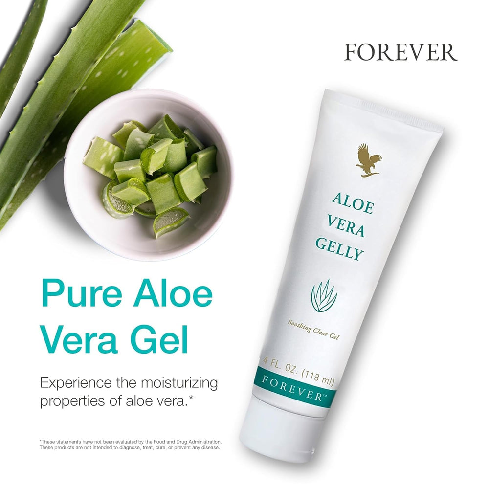 Forever Living Aloe Vera Gelly closeup emphasizes cooling gel and rapid absorption.