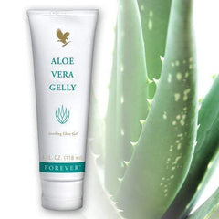 Forever Living Aloe Vera Gelly dispensing action shows fast-absorbing relief on skin.