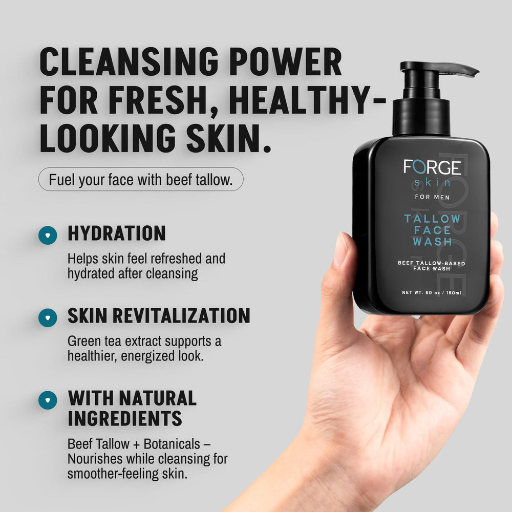 Forge Skin beef tallow face wash foam-lather close-up highlights gentle cleansing.