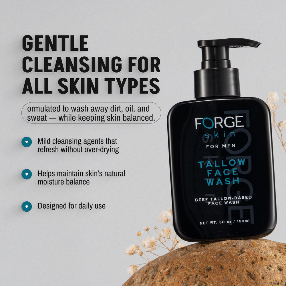 Forge Skin grass-fed beef tallow image emphasizes nourishing skin barrier support.