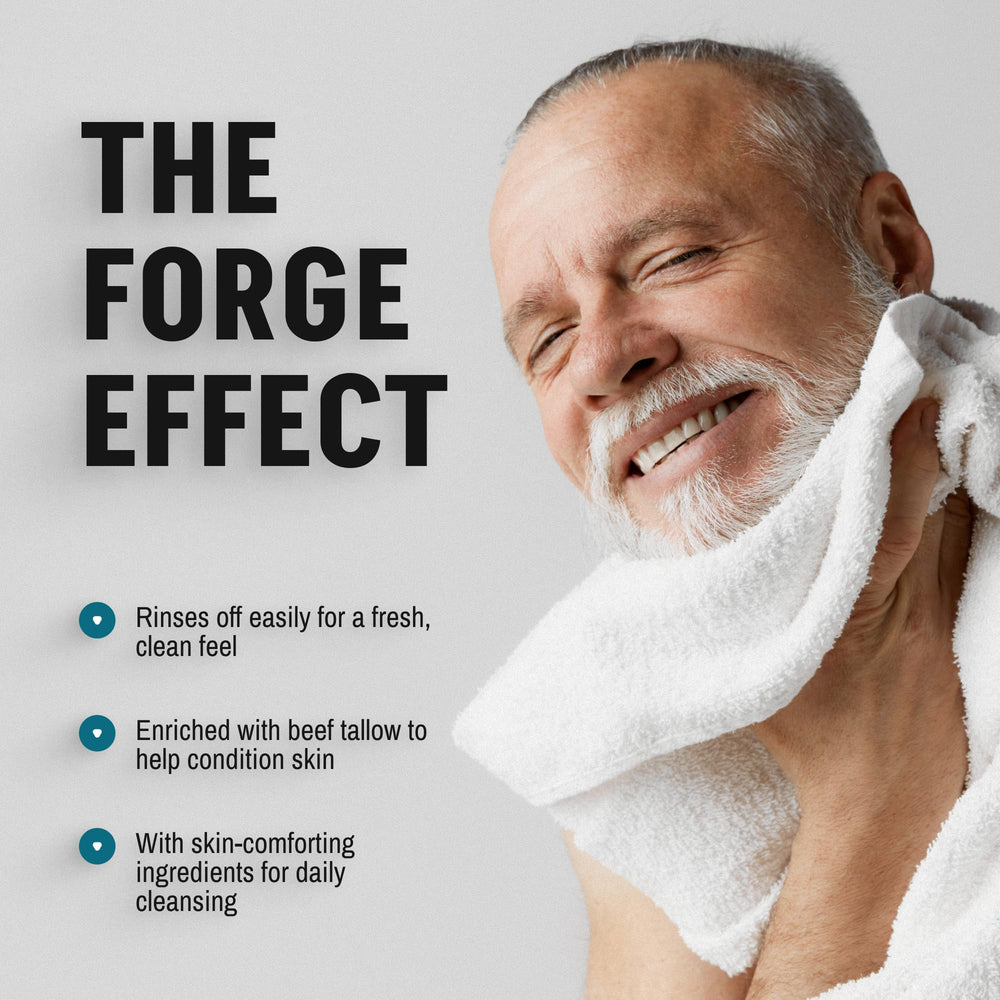 Forge Skin beef tallow face wash morning routine setup conveys refreshed start.