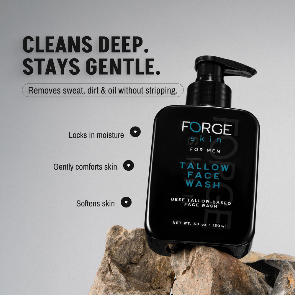Forge Skin beef tallow face wash travel-size bottle is gym-ready.