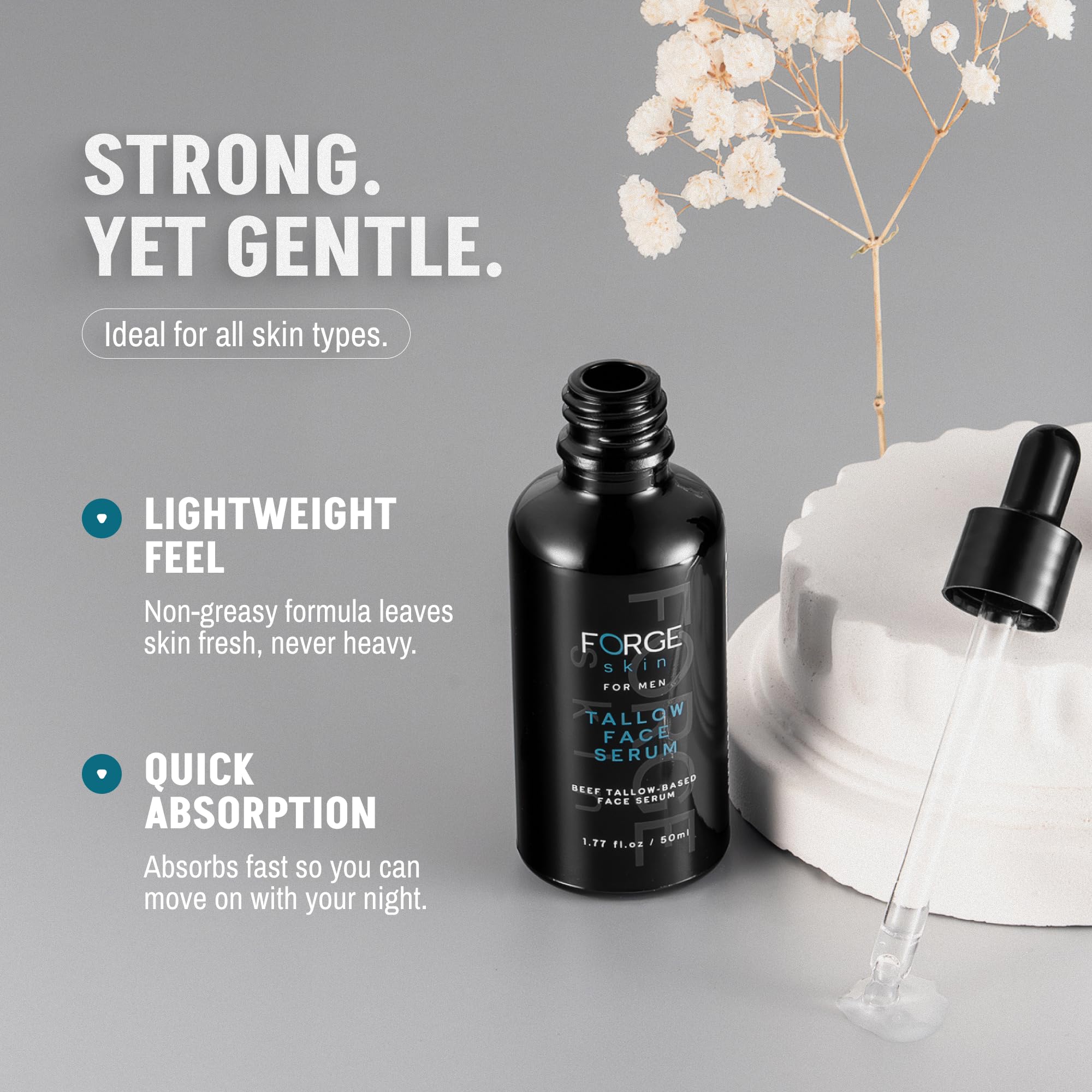 Forge Skin serum texture close-up shows non-greasy finish