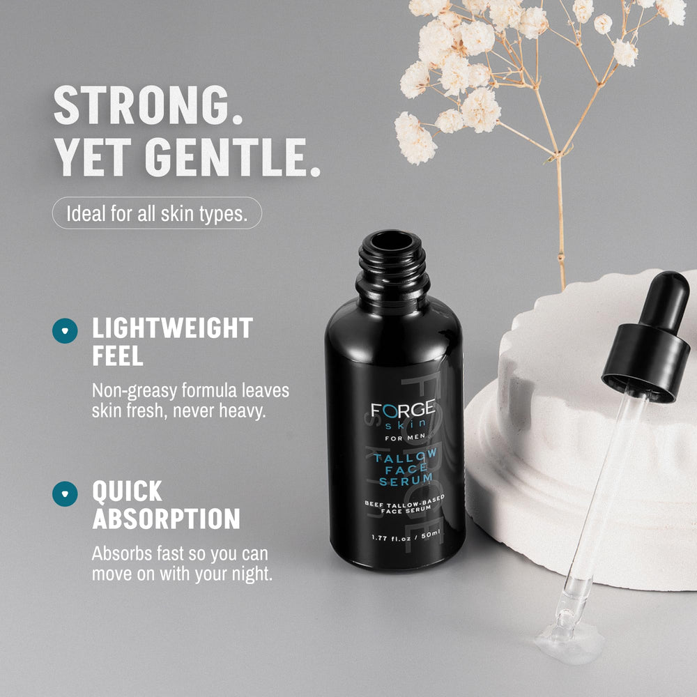 Forge Skin serum texture close-up shows non-greasy finish