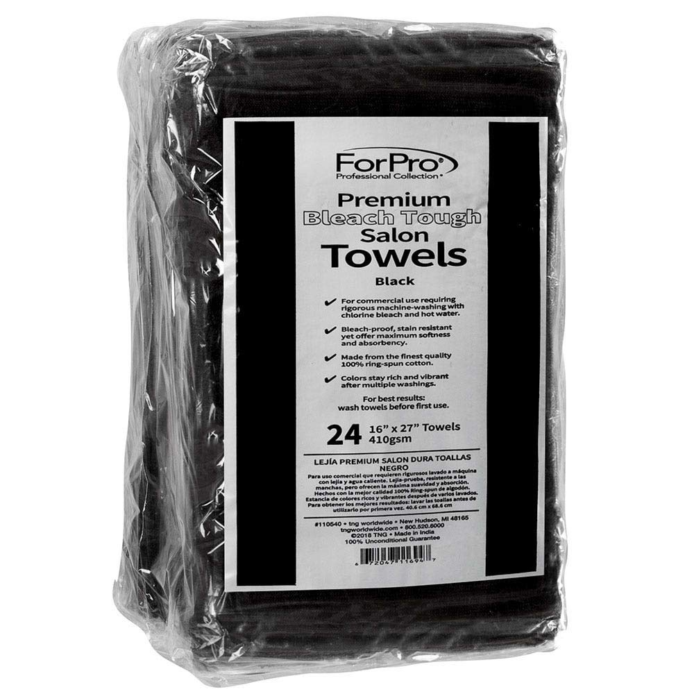 ForPro bleach-tough towels in black show soft cotton texture and high absorbency.