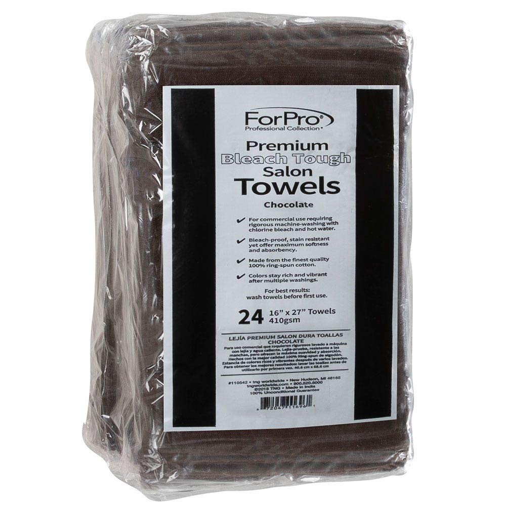 ForPro Premium Bleach-Tough Towels in Chocolate with hemmed edges for long-lasting durability in salons.