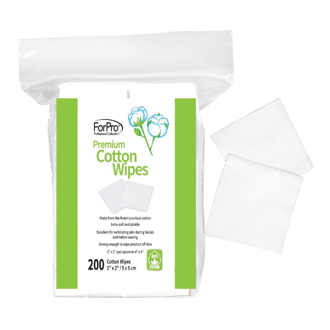 ForPro Premium Cotton Wipes folded to 2x2 for compact, gentle makeup removal