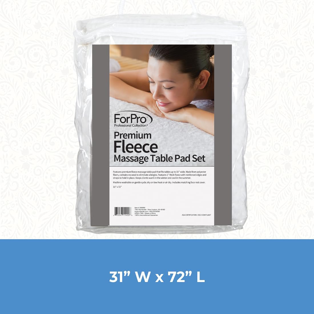 ForPro Premium Fleece Massage Pad Set on table highlights universal fit up to 33 inches.