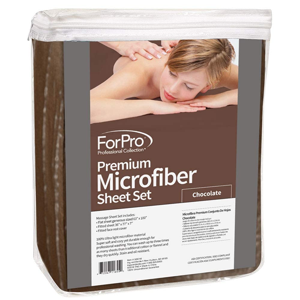 ForPro Premium Microfiber fitted sheet chocolate shows secure fit with extra-firm elastic.