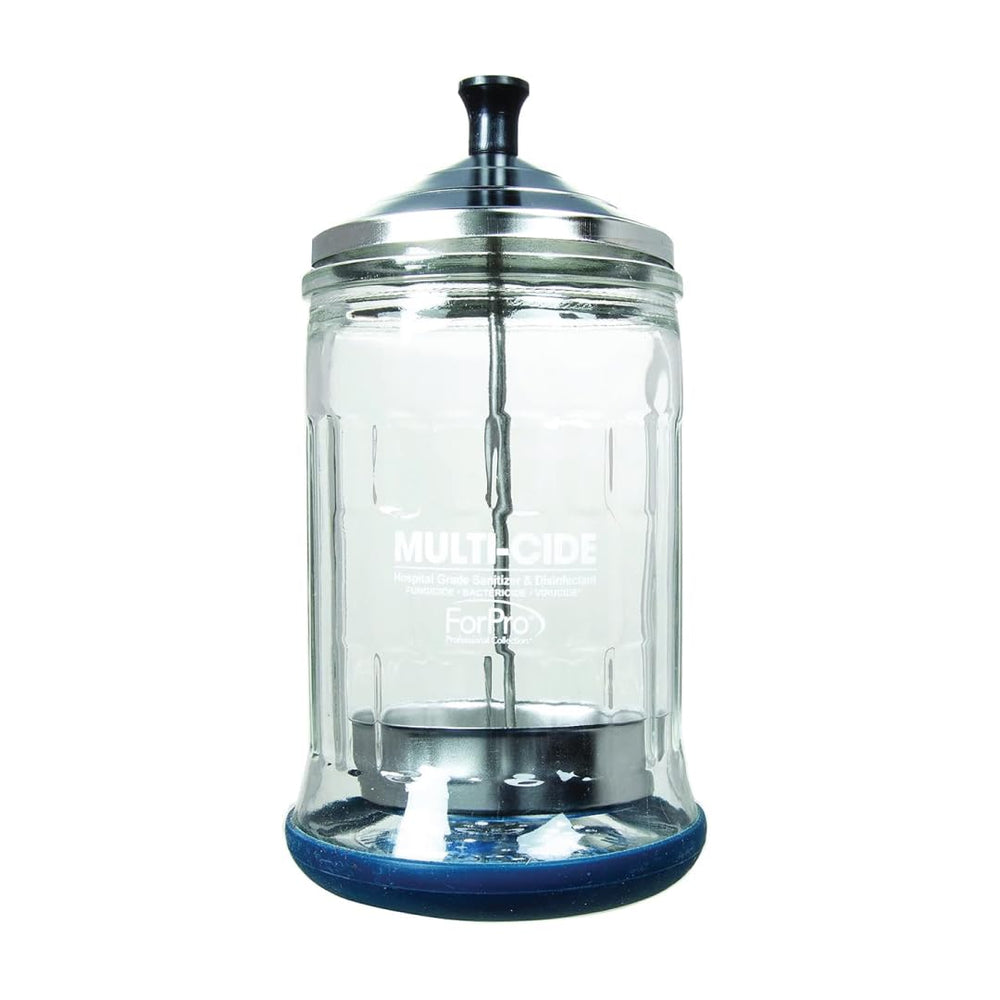 ForPro glass jar with stainless-steel cap close-up shows premium construction for reliable salon use.