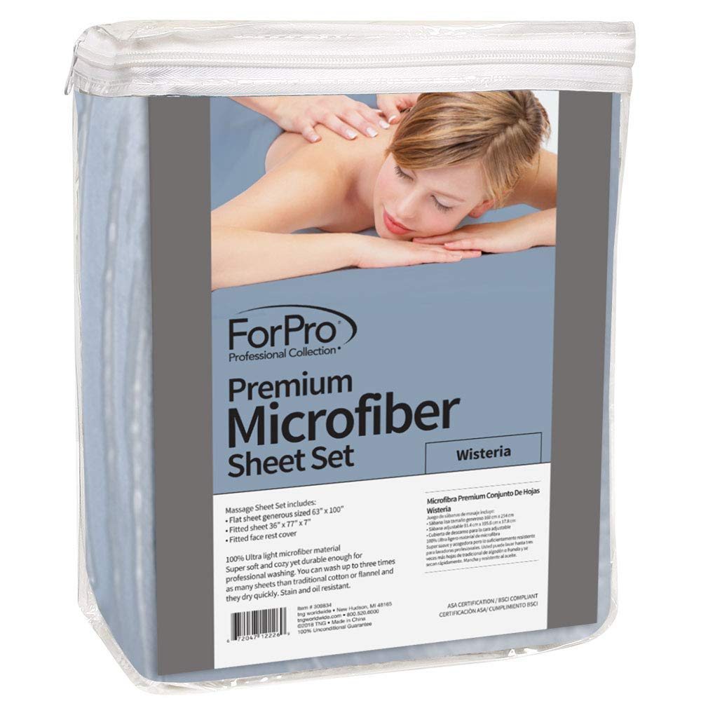 ForPro Massage fitted sheet in Wisteria shows secure fit with all-around elastic for standard tables.