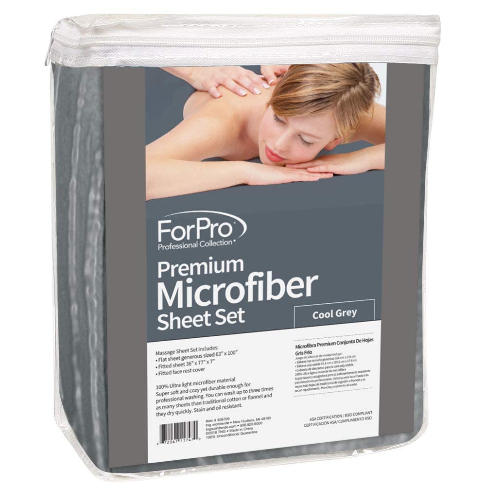 ForPro Professional Collection microfiber fitted sheet demonstrates a snug fit for standard tables and durable washing.