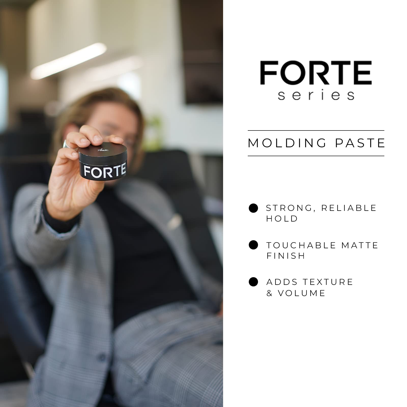 Forte Series Molding Paste packaging highlights clean, salon-grade quality.