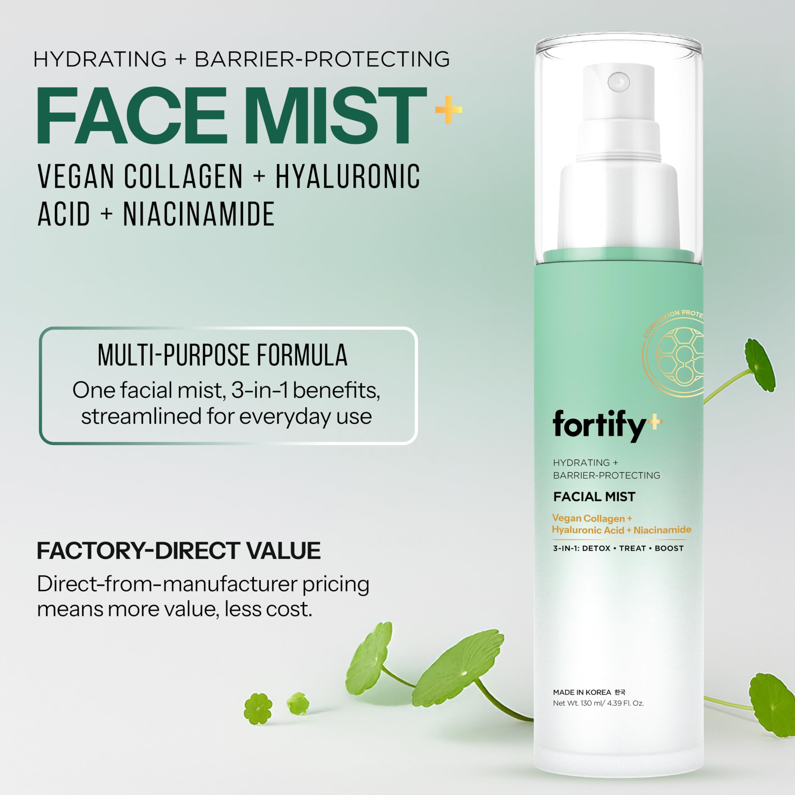 Fortify Skincare fine-mist spray application delivering even hydration.
