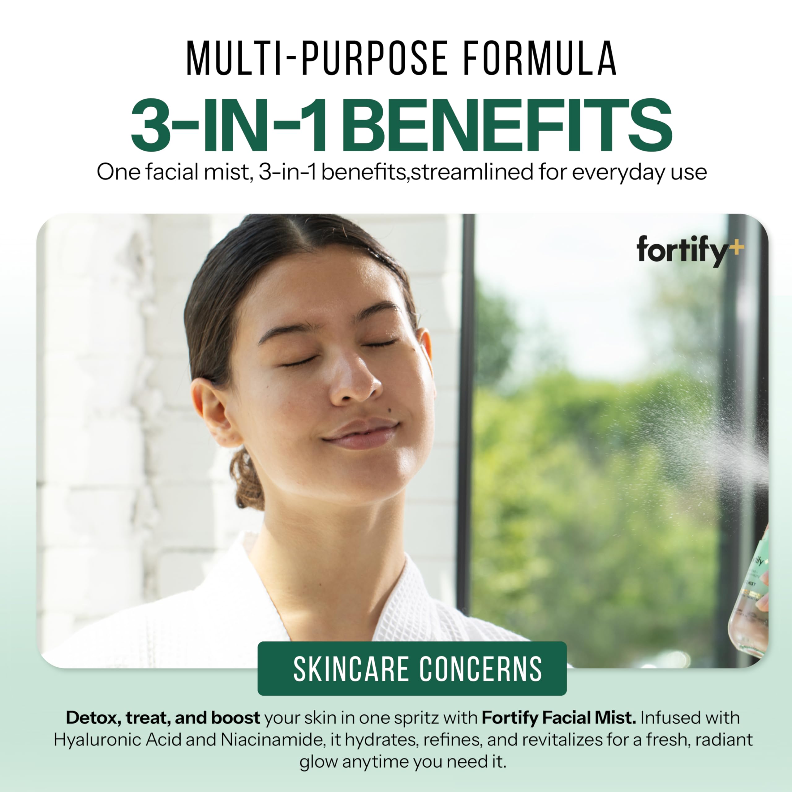 Fortify Skincare Mist aplicación facial, hidratación entre pasos.