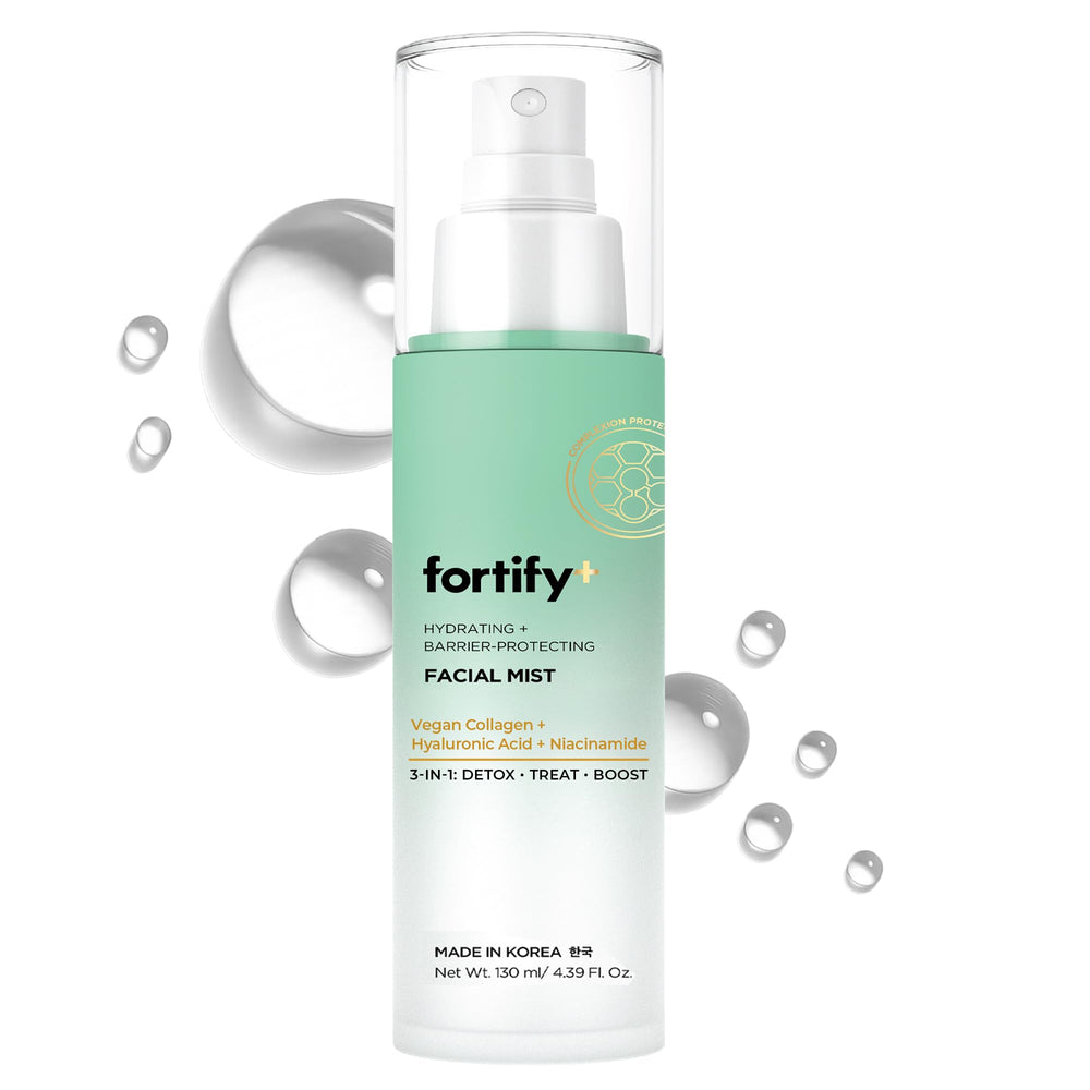 Fortify Skincare Mist frente a la botella, ofrece hidratación suave.